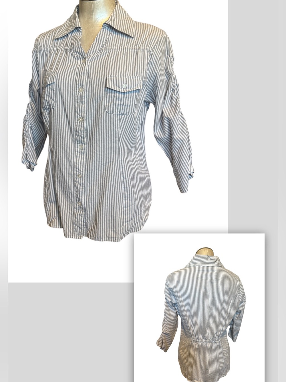 Planet Gold Blue White Striped Button Down Top 100%Cotton size XL Fits Medium